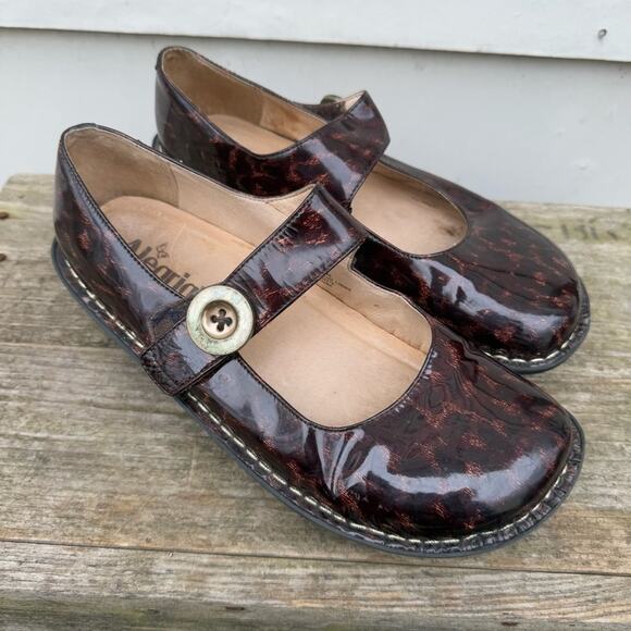 Alegria Paloma Brown Cheetah Animal Print Patent Mary Jane Comfort Shoes Size 40 - Picture 1 of 9
